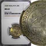 MALAYA George VI Silver 1939 20 Cents NGC MS63 1 Year Type Nice Toned KM# 5 (01)