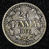 Finland Alexander II Silver 1866 S 25 Penniä VF Toned Scarce KM# 6.1 (28 806)