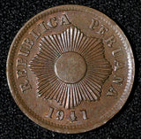 PERU Bronze 1941 1 Centavo WWII Issue Thin planchet. aUNC KM# 208a (30 133)