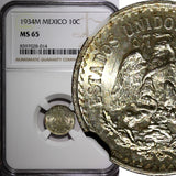 MEXICO Silver 1934 M 10 Centavos NGC MS65 GEM BU  Nice Toned KM# 431 (014)