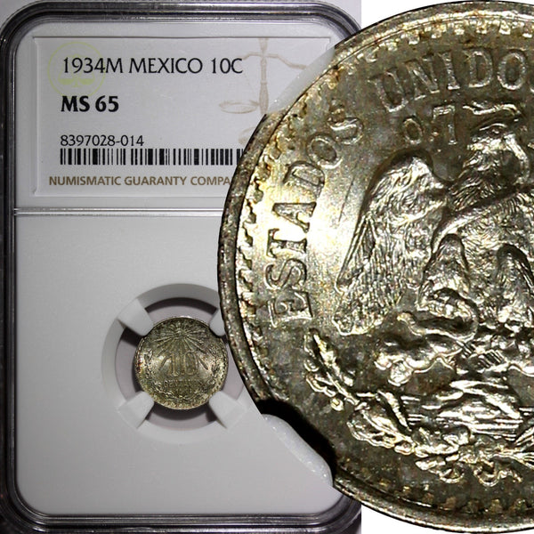 MEXICO Silver 1934 M 10 Centavos NGC MS65 GEM BU  Nice Toned KM# 431 (014)