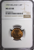 IRELAND Republic Bronze 1959 Farthing Mint-192,000 NGC MS65 RB RED! KM# 9 (031)