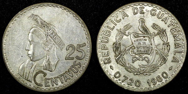 GUATEMALA Silver 1960 25 Centavos Mintage-560.400 KM# 263  (24 642)