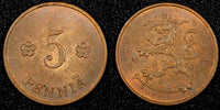 FINLAND Copper 1928 5 Penniä  CHOICE UNC Toned KM# 22 (24 014)