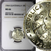 GUATEMALA Silver 1964 10 Centavos NGC MS66 GEM BU LUSTER KEY DATE KM# 262 (024)