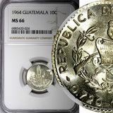 GUATEMALA Silver 1964 10 Centavos NGC MS66 GEM BU LUSTER KEY DATE KM# 262 (024)