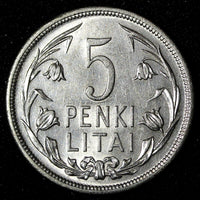 Lithuania Silver 1925 5 Litai  One Year Type. aUNC KM# 78 (27 843)
