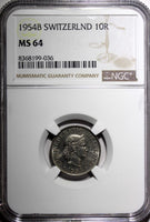 Switzerland Copper-Nickel 1954 B 10 Rappen NGC MS64 BETTER DATE KM# 27 (036)