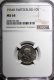 Switzerland Copper-Nickel 1954 B 10 Rappen NGC MS64 BETTER DATE KM# 27 (036)