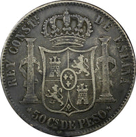 Philippines 	Alfonso XII Silver 1885 50 Centimos Manila 30mm Toned KM# 150 (404)