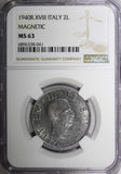 Italy Victor Emmanuel III  1940 R 2 Lire Magnetic NGC MS63 TOP GRADED KM# 78b(1)