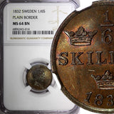 SWEDEN Carl XIV Johan Copper 1832 1/6 Skilling PLAIN BORDER NGC MS64 BN KM634(4)