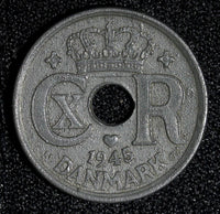 Denmark Christian X German Occupation Zinc 1945 25 Ore WWII Issue KM# 823.2a (3)