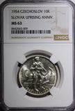Czechoslovakia Silver 1954 10 Korun Slovak Uprising NGC MS63 KM# 40 (009)
