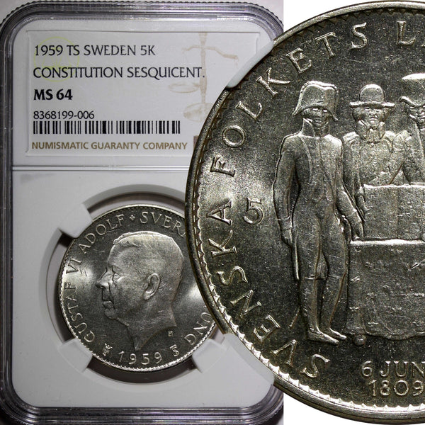SWEDEN Silver 1959 TS 5 Kronor NGC MS64 Constitution Sesquicentennial KM#830(6)