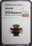 Finland Nicholas II Copper 1908 1 Penni NGC MS64 RB Nice Toned KM# 13 (040)