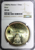 MEXICO Silver 1980 Mo Onza NGC MS66 GEM BU RAINBOW TONED KM# M49b.5 (9)