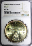 MEXICO Silver 1980 Mo Onza NGC MS66 GEM BU RAINBOW TONED KM# M49b.5 (9)