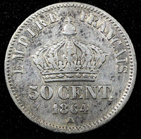 FRANCE Napoleon III Silver 1864 A 50 Centimes 1st Year Type KM#814.1 (25 501)