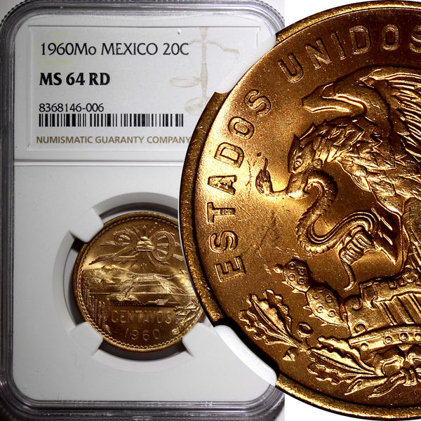 MEXICO Bronze 1960 Mo 20 Centavos NGC MS64 RD NICE FULL RED BU KM# 440 (006)