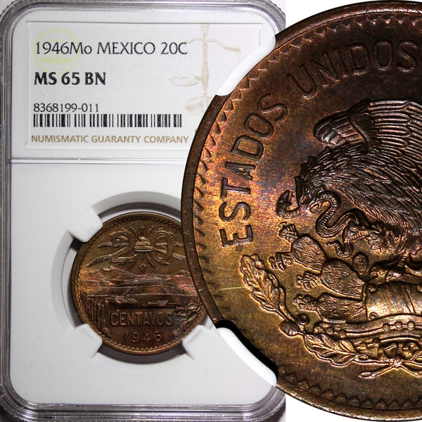 MEXICO Bronze 1946 20 Centavos NGC MS65 BN ONLY 1 GRADED HIGHEST  KM# 439 (011)