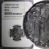 Italy 1942 R XX 20 Centesimi NGC MS63 MAGNETIC REEDED EDGE WWII  KM# 75b (52)