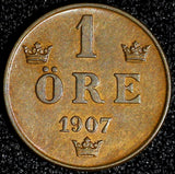 Sweden Oscar II Bronze 1907 1 Öre 2 Years Type aUNC- UNC KM# 768 (28 246)