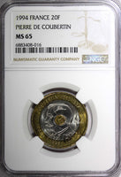 FRANCE Tri-Metallic 1994 20 Francs Pierre de Coubertin NGC MS65 TOP GRADE KME146