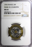 FRANCE Tri-Metallic 1994 20 Francs Pierre de Coubertin NGC MS65 TOP GRADE KME146