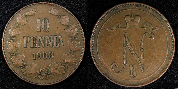 Finland Nicholas II Copper  1908 10 Penniä  Mintage-320,000 KM# 14 (27 150)