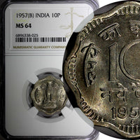 India-Republic Copper-Nickel 1957 (B) 10 Naye Paise NGC MS64 KM# 24.1  (025)