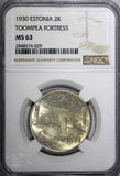 Estonia Silver 1930 2 Krooni Toompea Fortress at Tallinn NGC MS63 KM# 20 (029)