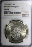 JERSEY Elizabeth II 1966 Crown 5 Shilling NGC MS66 TOP GRADED KM# 28 (018)