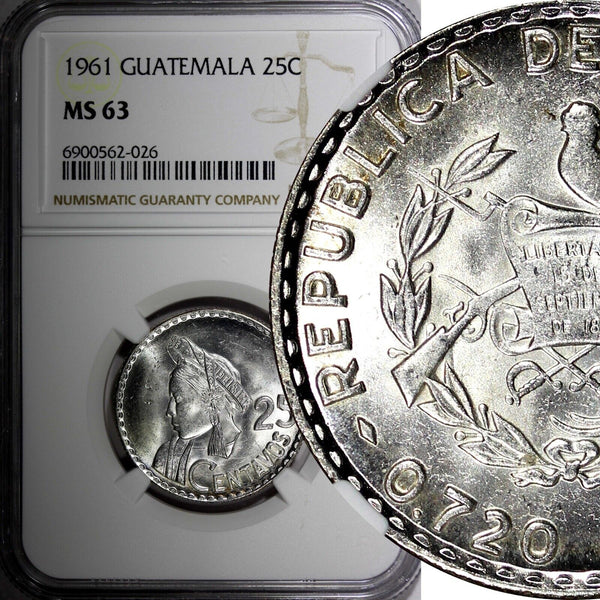 GUATEMALA Silver 1961 25 Centavos NGC MS63 GEM BU KM# 263 (026)