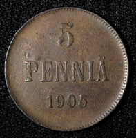 Finland Nicholas II Copper 1905 5 Penniä Mintage-620,000 BETTER DATE KM# 15  (2)