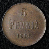 Finland Nicholas II Copper 1905 5 Penniä Mintage-620,000 BETTER DATE KM# 15  (2)