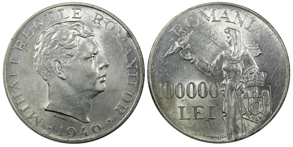 ROMANIA Mihai I Silver 1946 100,000 Lei 37mm 1 Year Type ch.XF / aUNC KM#71 (88)