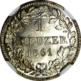 German States BAVARIA Silver 1861 1 Kreuzer NGC MS66 BU Nice Toned KM# 858 (06)