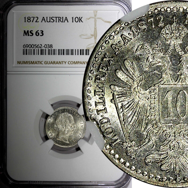 AUSTRIA Francis Joseph I Silver 1872  10 Kreuzer NGC MS63 KM# 2206 (038)