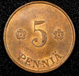 FINLAND Copper 1921 5 Penniä  UNC Toned KM# 22 (24 019)
