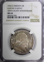 SWEDEN Silver 1932 G 2 Kronor NGC MS64 Death of Gustaf II Adolf BU KM# 805 (004)