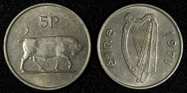 Ireland Republic Copper-Nickel 1971 5 Pence Bull KM# 22 (28 025)