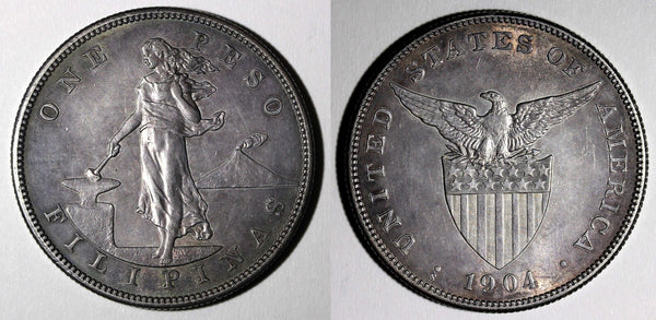 Philippines Silver 1904 S 1 Peso 38mm Large type aUNC NICE TONED KM# 168 (867)