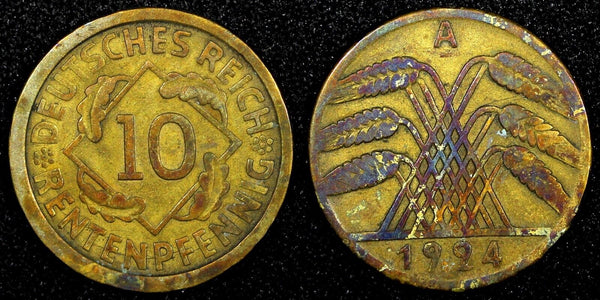 Germany - Weimar Republic Aluminum-Bronze 1924 J 10 Rentenpfennig KM# 33 (258)
