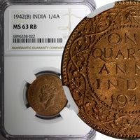 India-British George VI 1942 (B) 1/4 Anna Short Trefoils NGC MS63 RB KM# 531 (2)