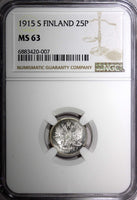 FINLAND Nicholas II Silver 1915 S 25 Pennia NGC MS63  GEM BU KM #6.2 (007)