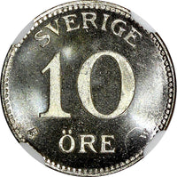 Sweden Gustaf V (1908-1950) Silver 1909 W 10 Ore NGC MS65 KM# 780 (014)