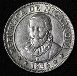 Nicaragua Silver 1936 25 Centavos Mint-100.000 Last Year Type XF KM# 14 (30 011)