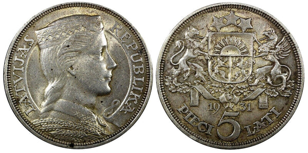 LATVIA Silver 1931 5 Lati Maiden's head 37 mm  KM# 9 (24 339)
