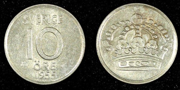 SWEDEN SILVER Gustaf VI 1955 10 ORE High Grade KM#823 (28 159)